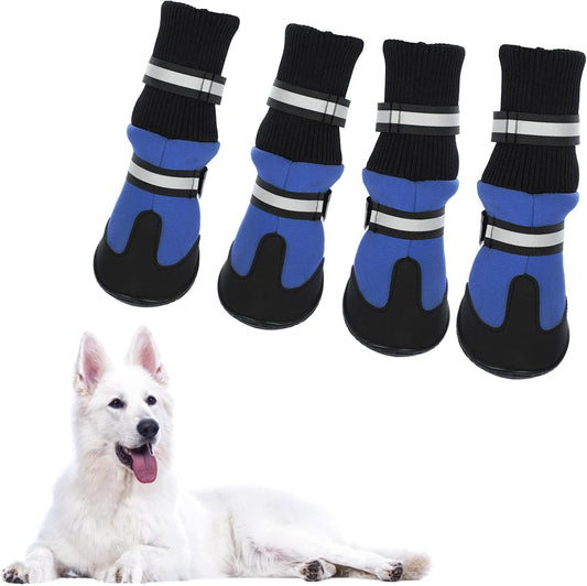 4 PCS Waterproof Dog Boots: Reflective Straps + Paw Protector + Anti-Slip Sole for Medium & Large Dogs 